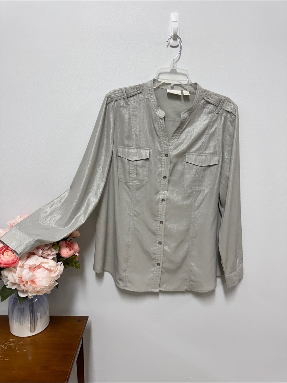 Chico's Shimmery Light Gray Button-Front Shirt